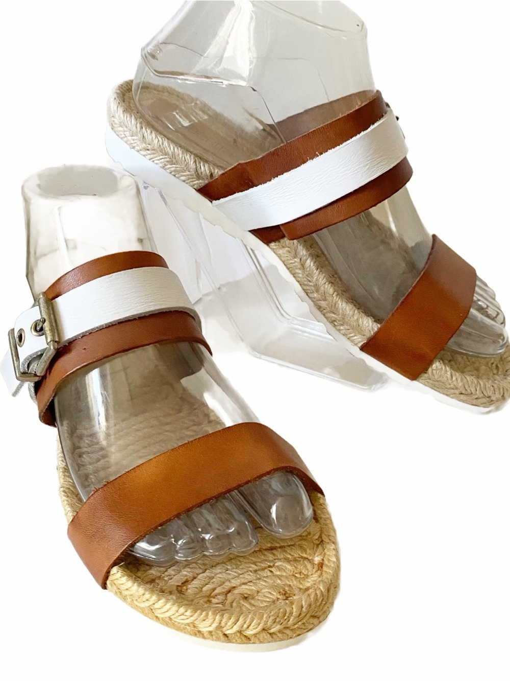 Liberitae, Leather White & Tan Straps Espadrille Slides Spain Quiet Luxury Beach